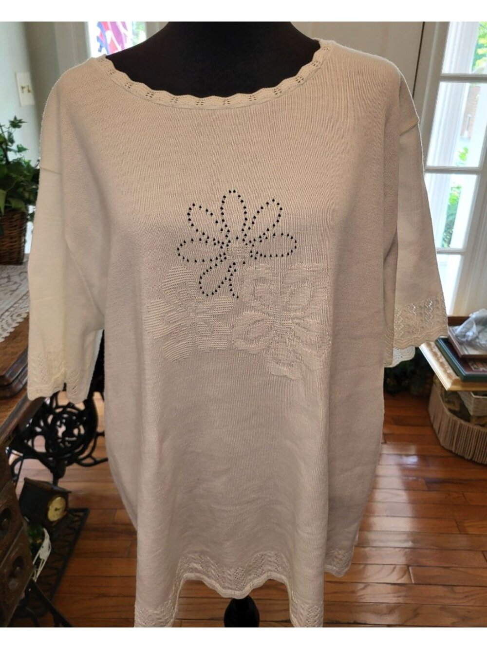 Alfred Dunner White Floral Print Short Sleeve Sweater Pointelle Trim 3X Coastal